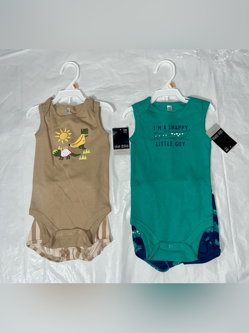 NWT! Lot of 2 okie dokie 12 mo Boys Teal & Tan Dinosaur Tank Duo w/ shorts